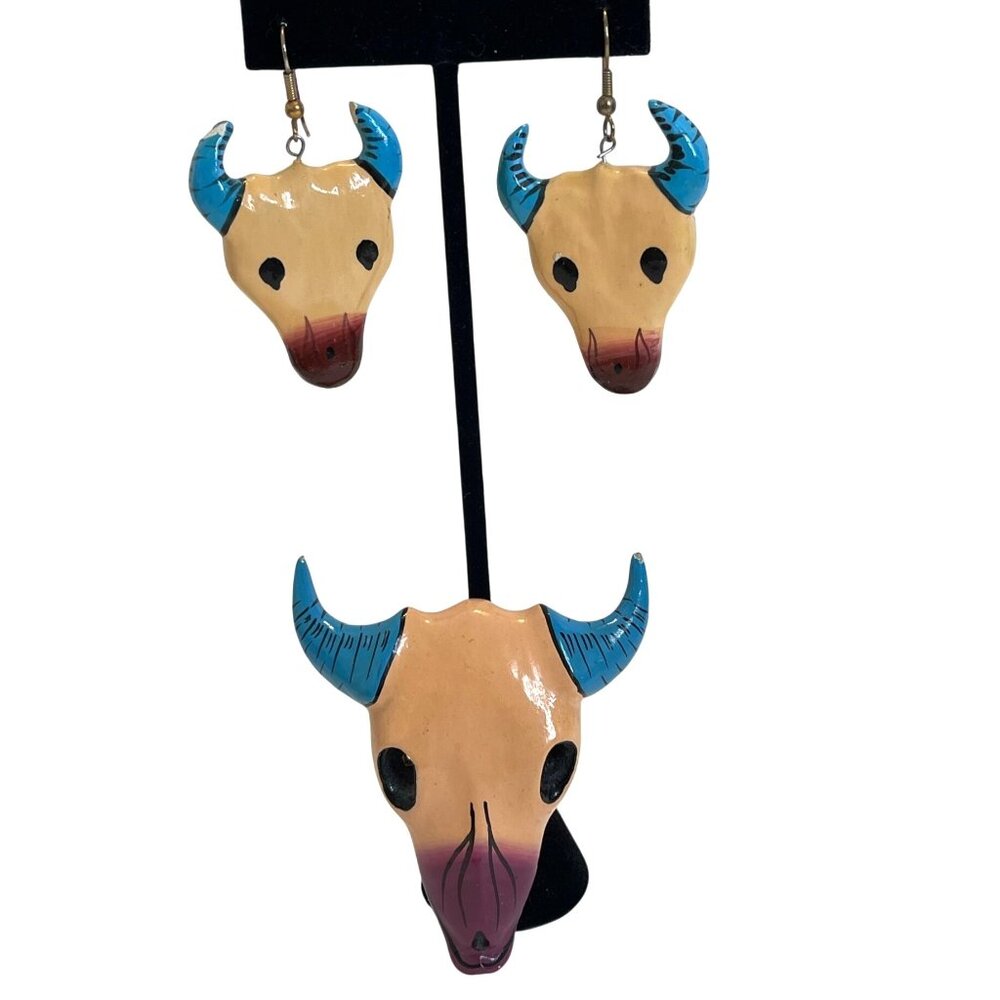 Southwest Western Cow Skull Pin Wire Earrings Set Artisan Painted Brooch READ - Picture 2 of 9